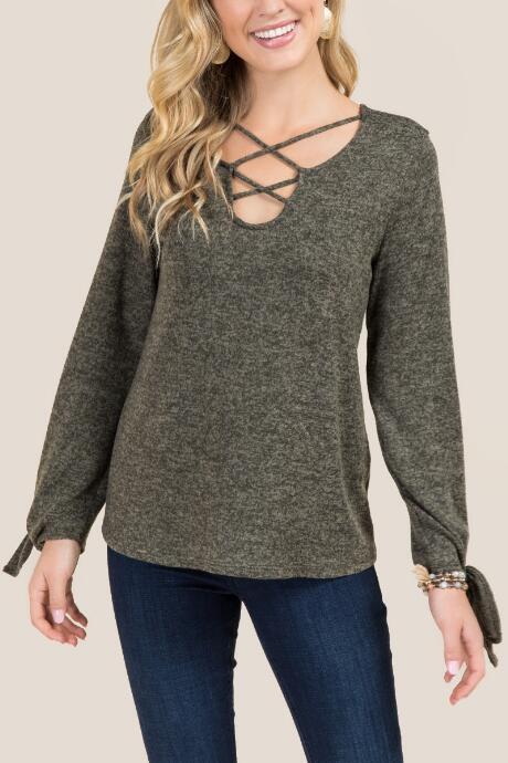 Francesca's Rio Lattice Tie Sleeve Cozy Top - Dark Olive
