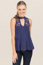 Trixxi Shae Gigi Rose Embroidery Drop Peplum Top - Navy