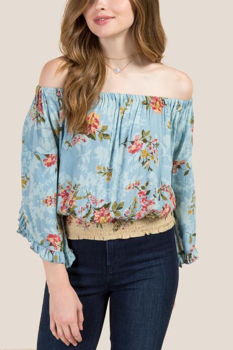 Francesca's Theresa Smocked Off The Shoulder Top - Light Blue