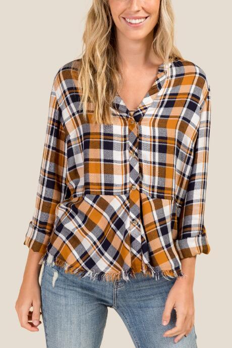 Francesca's Shelby Button Down Peplum Top - Amber