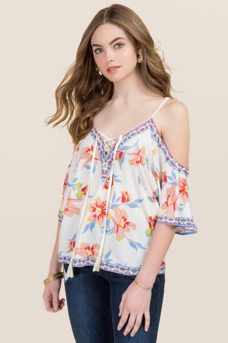 Francesca Inchess Karlie Floral Cold Shoulder Lattice Top - White