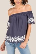 Francesca Inchess Haskell Smocked Floral Embroidered Blouse - Navy