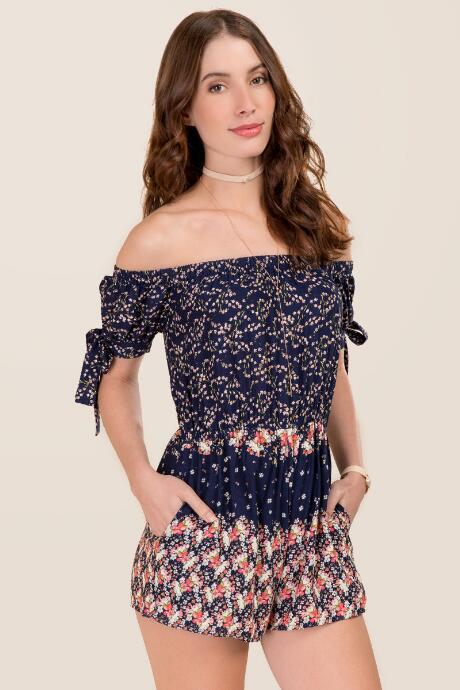 Blue Rain Camellia Off Shoulder Bow Romper - Navy