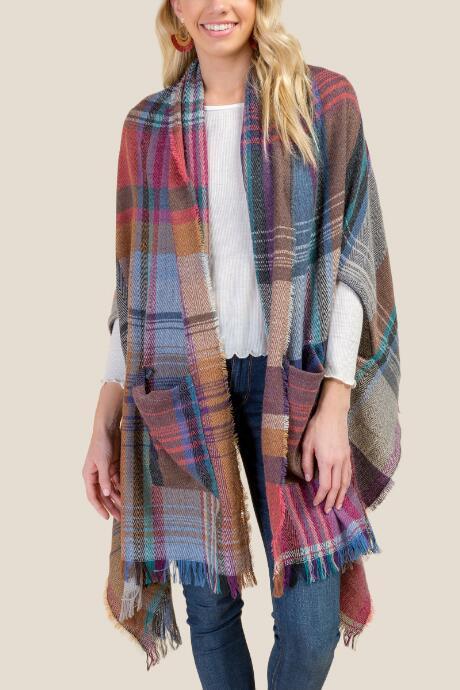 Francesca's Lauren Multi Plaid Ruana With Pockets - Multi
