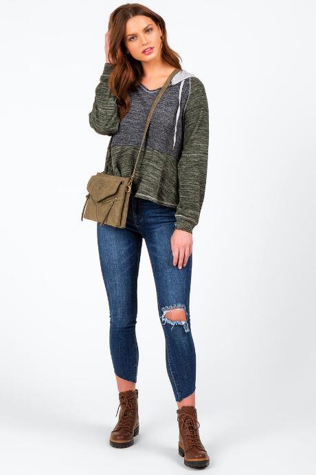 Francesca's Ivanna Color-block Hooded Top - Olive