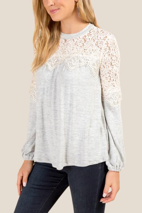 Francesca's Yvette Crochet Hacci Knit Top - Heather Gray