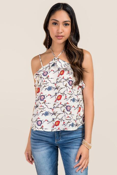 Lush Y Neck Ruffle Floral Tank - Ivory