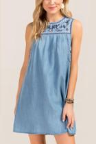 Francesca's Fae Embroidered Chambray Shift Dress - Chambray