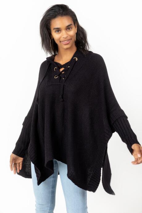 Francesca Inchess Gina Lattice Front Tie Poncho - Black