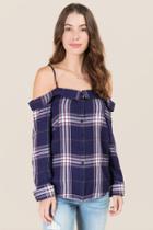 Francesca Inchess Marianne Portrait Off Shoulder Plaid Button Down Top - Navy