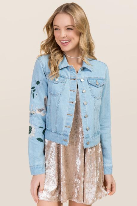Francesca's Carter Embroidered Denim Jacket - Blue