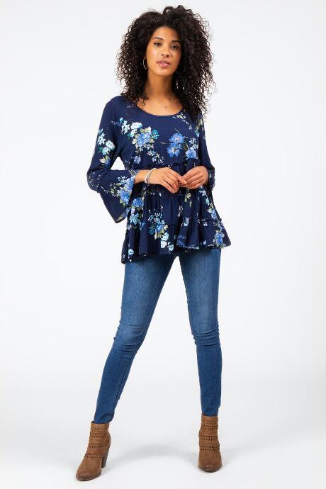 Francesca's Garner Floral Peplum Blouse - Navy