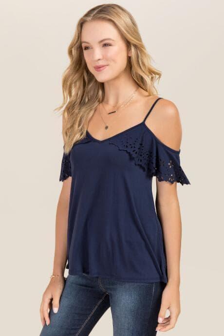 Alya Daisa Laser Cut Cold Shoulder Cupro Top - Navy
