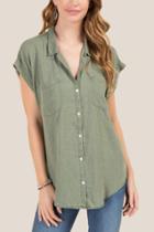 Francesca's Sherry Short Sleeve Envelope Back Button Down - Dark Olive