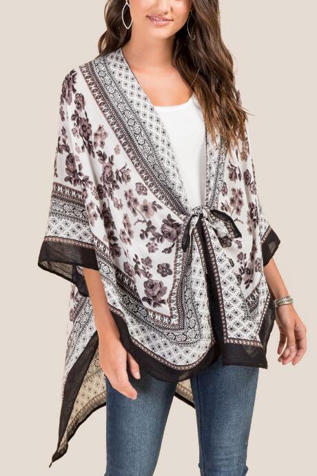 Francesca's Rania Floral Border Ruana - Taupe