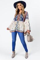 Francesca's Calianna Multi-print Bell Sleeve Blouse - Navy