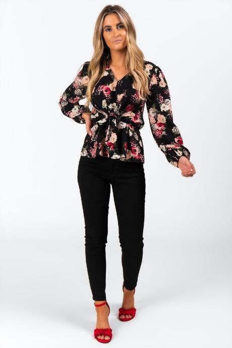 Francesca's Janetta Floral Front Knot Blouse - Black