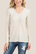 Francesca's Kelly Long Sleeve Clavicle Cut Out Hacci Top - Heather Oat