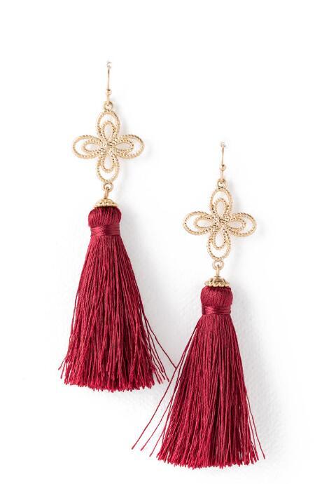 Francesca's Vera Clover Flower Tassel Statement Earring - Burgundy