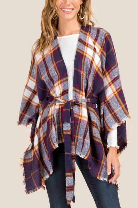 Francesca's Madison Belted Plaid Ruana - Navy