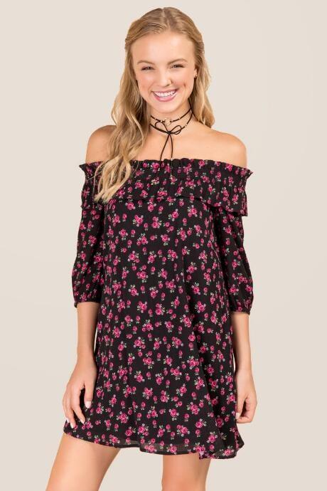 Blue Rain Ember Floral Off The Shoulder Shift Dress - Black