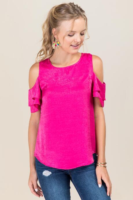 Blue Rain Sheryll Double Ruffle Cold Shoulder Top - Neon Pink