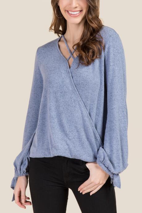 Francesca's Iris Surplus Tie Sleeve Hacci Top - Oxford Blue