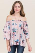 Lumiere Dede Voluminous Sleeve Floral Satin Off Shoulder Blouse - Blush
