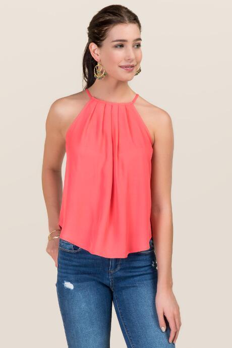 Miami Lena High Neck Pleated Tank - Neon Coral