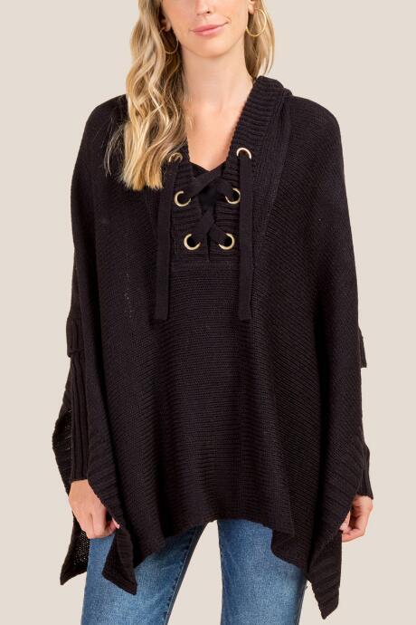Francesca's Stacie Long Sleeve Hooded Poncho - Black