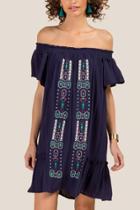 Francesca Inchess Sookie Off The Shoulder Embroiderd Shift Dress - Navy