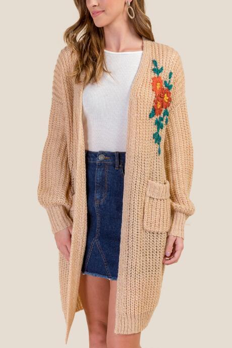 Francesca's Skylar Crochet Embroidered Cardigan - Sand