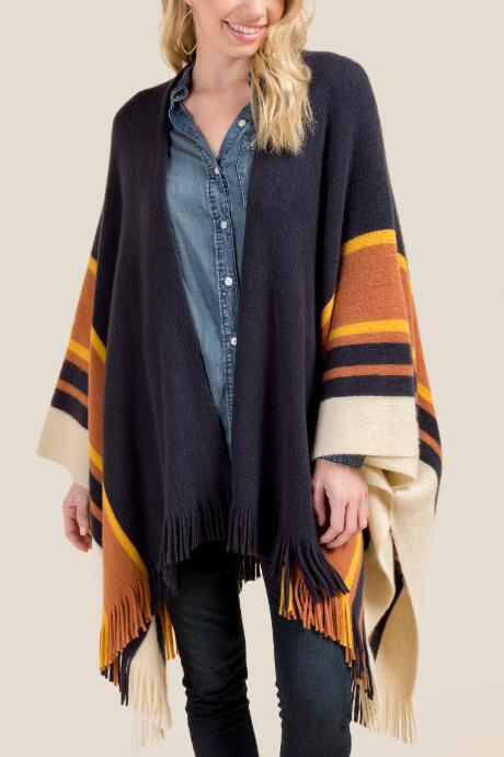 Francesca's Bianca Striped Fringe Ruana - Navy