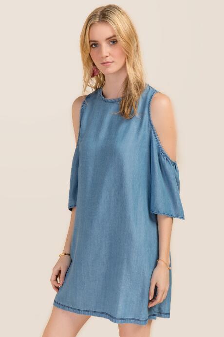 Francesca's Abigail Cold Shoulder Ruffle Shift Dress - Chambray