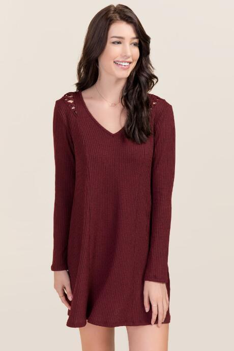 Alya Stacie Lattice Shoulder Knit Dress - Wine