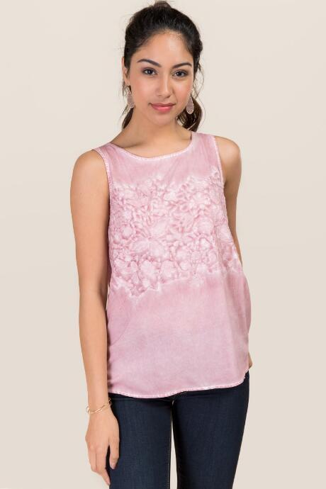 Blue Rain Lulu Mineral Wash Rose Embroidered Tank - Blush