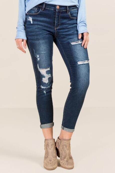 Francesca's Harper Plaid Patch Destructed Jeans - Dark