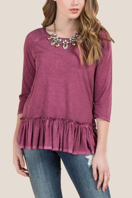 Francesca's Elsa Double Ruffle Mineral Wash Tee - Burgundy