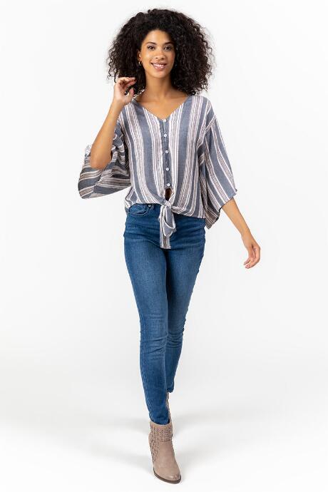 Francesca's Jasmine Striped Button Front Top - Medium Wash