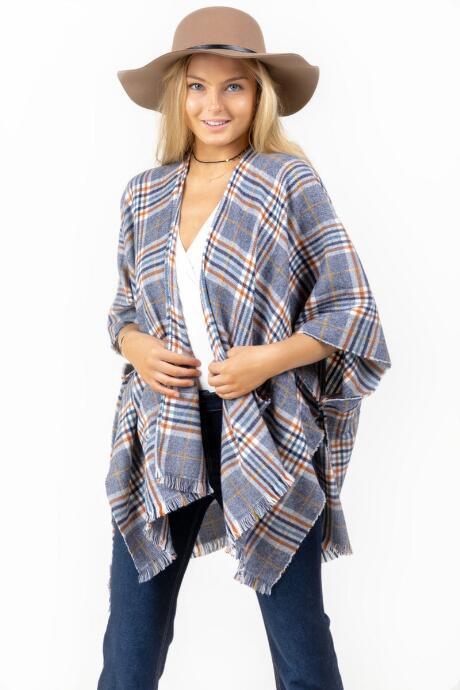 Francesca's Angelina Denim Friendly Plaid Poncho - Navy