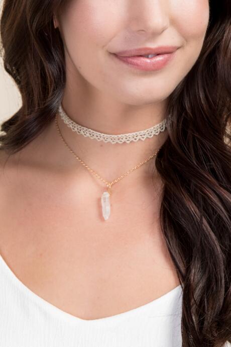Francesca's Amaya Crystal And Lace Choker Set - Beige