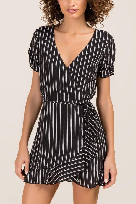 Francesca's Karina Striped Ruffle Wrap Romper - Black/white