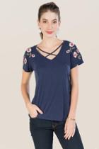 Teenplo Elsie X Neck Floral Embroidered Shoulder Tee - Navy