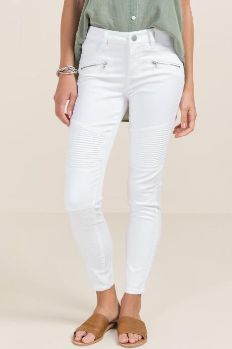 Harper Mid Rise Moto Zipper Skinny Jeans - White