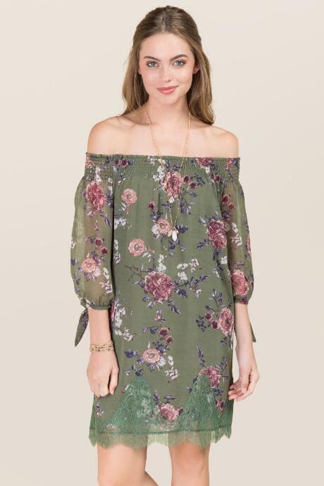 Blue Rain Marta Off Shoulder Floral Shift Dress - Dark Olive