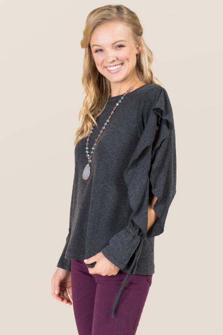 Francesca's Lizzy Ruffle Sleeve Top - Gray