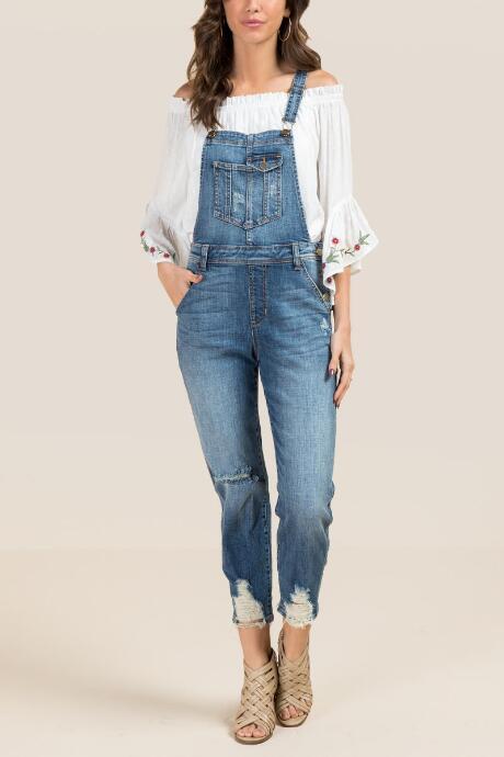 Francesca's Harper Chewy Hem Overalls - Light Blue