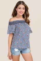 Francesca Inchess Elicia Smocked Double Ruffle Off The Shoulder Top - Navy