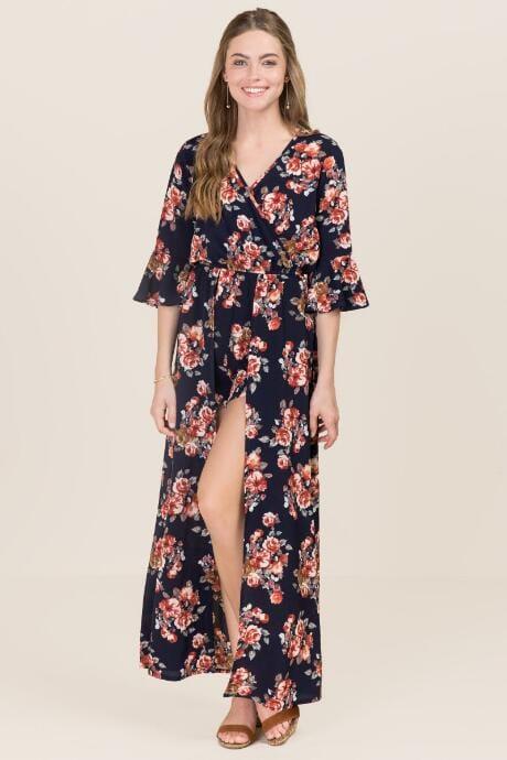 Mi Ami Delilah Lantern Sleeve Maxi Romper - Navy