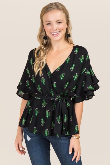 Secret Charm Ariela Double Ruffle Sleeve Cactus Wrap Top - Black